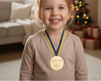 Gravyr med namn och årtal på Jullovsmedalj, avslutningspresent– personlig present till barn
