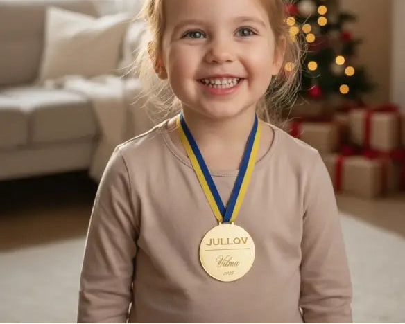 Gravyr med namn och årtal på Jullovsmedalj, avslutningspresent– personlig present till barn