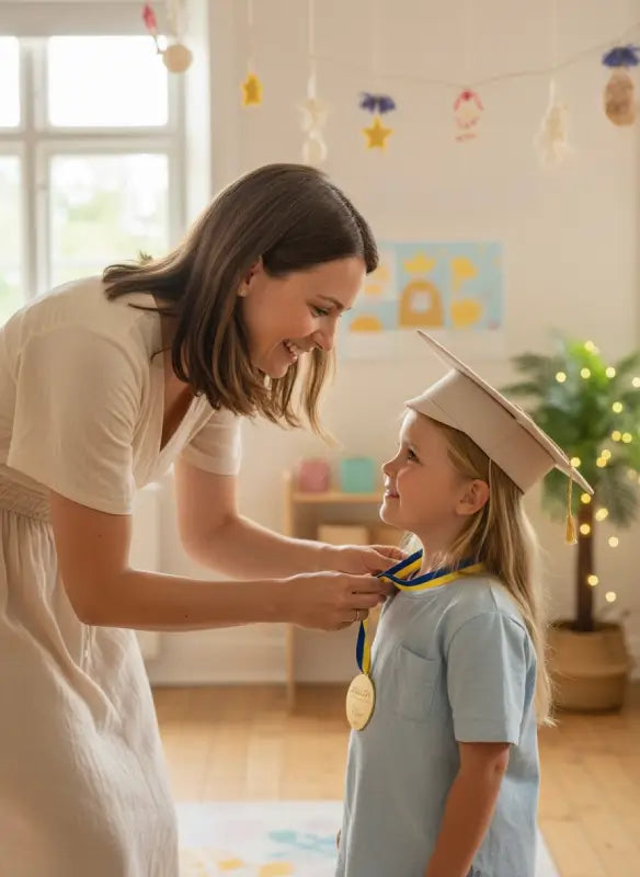 mamma som ger sin dotter en skolavslutningspresent 