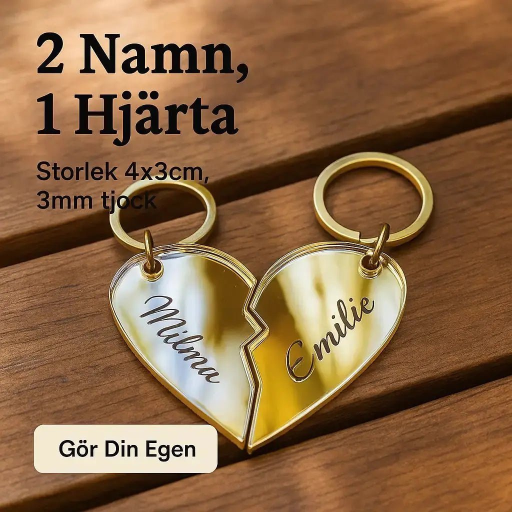 Nyckelring - 2 st halva hjärtan med namn i - Engwek.se