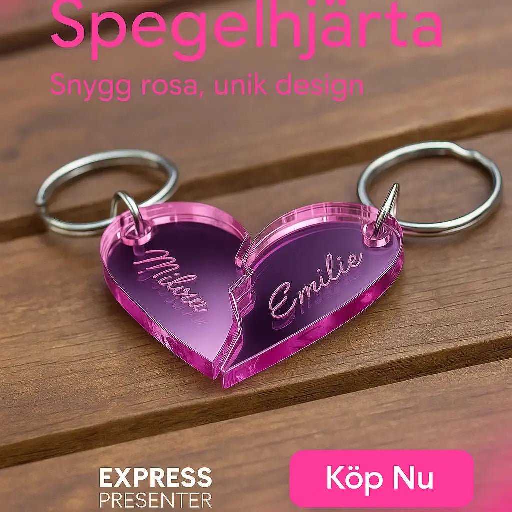 Nyckelring - 2 st halva hjärtan med namn i spegelplast (rosa) - Engwek.se
