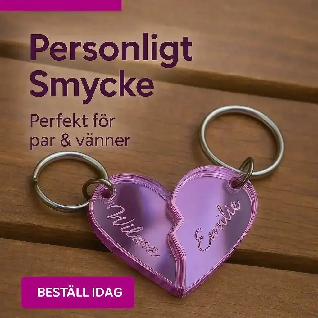 Nyckelring - 2 st halva hjärtan med namn i spegelplast (rosa) - ByEngwek