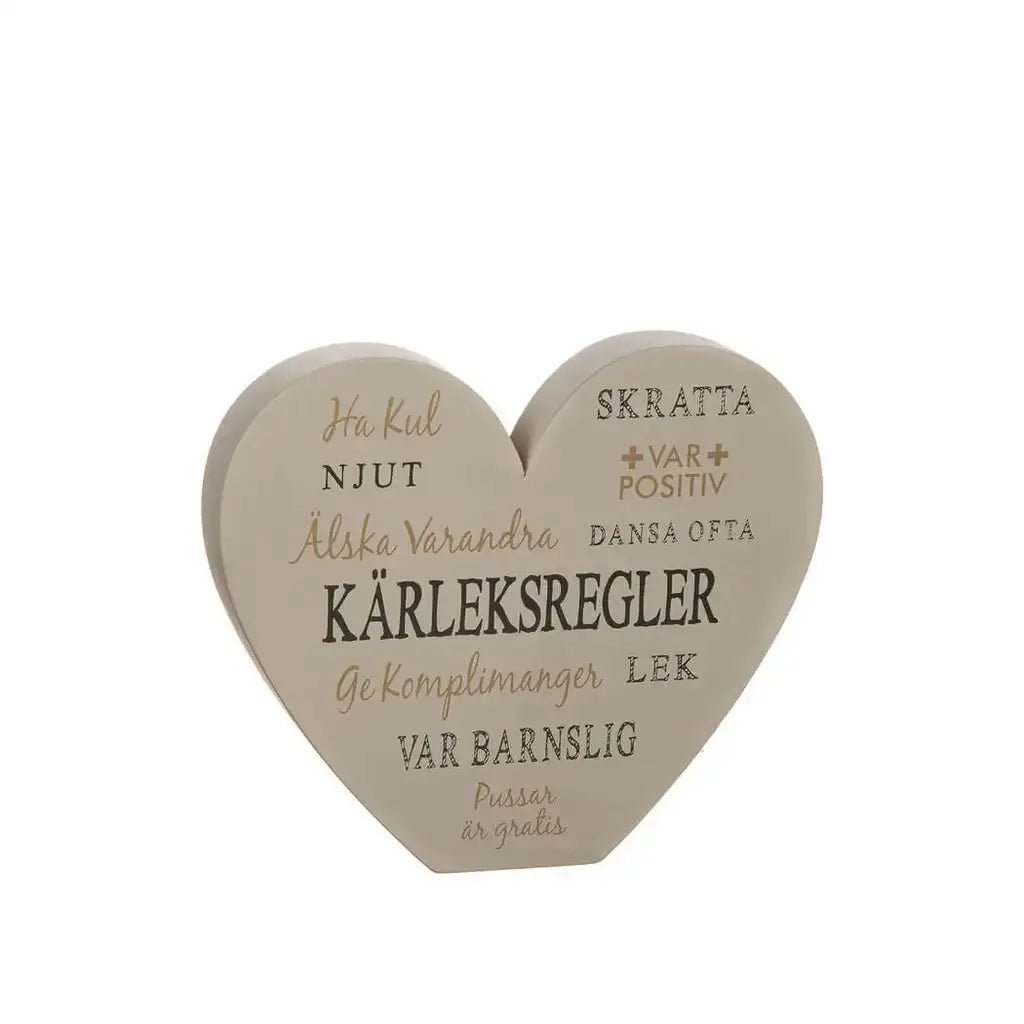 Stående hjärta med text "Kärleksregler" - Engwek.se
